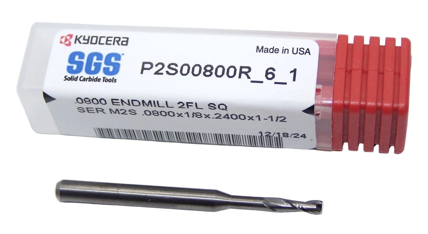 P2S00800R_6_1 Kyocera SGS .0800" Carbide 2 Flute End Mill Square End .500" Reach  0.0800" Diameter 0.2400" Flute 1.50" Length .125" Shank
