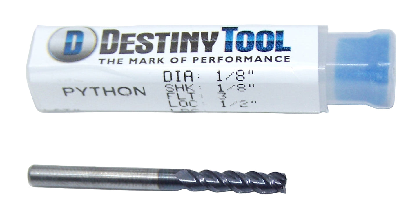 P30808X Destiny Tool 1/8" Carbide 3 Flute End Mill SQ .125" Diameter .500" Flute 1.50" OAL .125 Shank