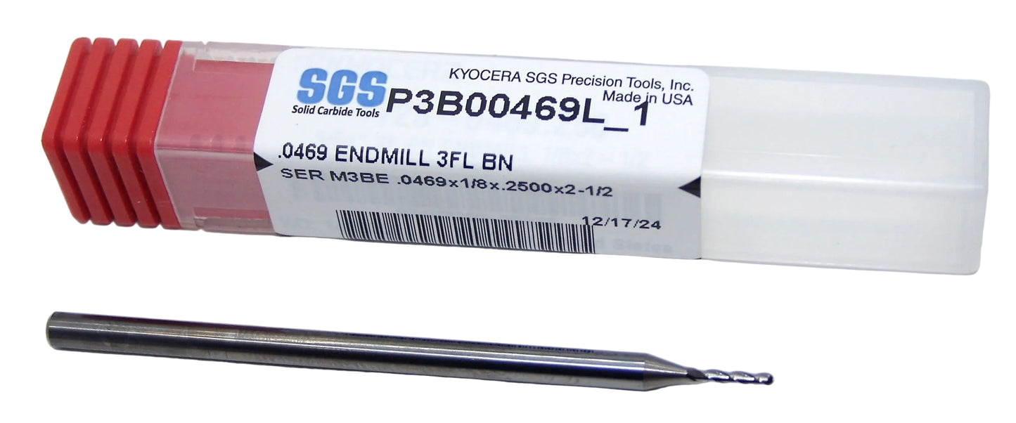 P3B00469L_1 Kyocera SGS 3/64" Carbide 3 Flute End Mill Long Length Ball End 0.0469 Diameter 0.250" Flute 2.50" Length 0.125" Shank