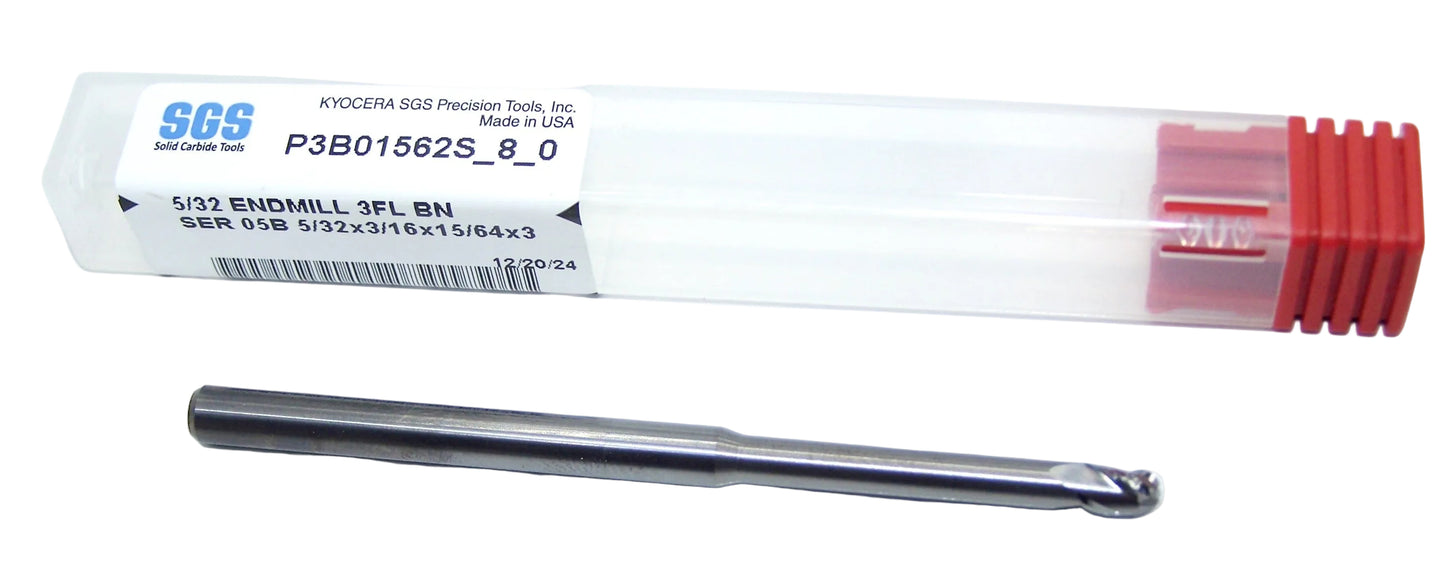 P3B01562S_8_0 Kyocera SGS 5/32" Carbide 3 Flute End Mill Extended Flute Ball End 0.1562" Diameter 0.2344" Flute 3.0" Length 0.1875" Shank