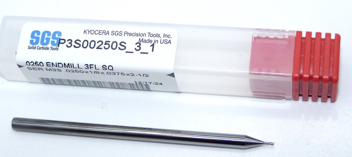 P3S00250S_3_1 Kyocera SGS 0.025" Carbide 3 Flute End Mill Square End Long Shank 0.0250" Diameter 0.037" Flute 2.50" Length .125" Shank