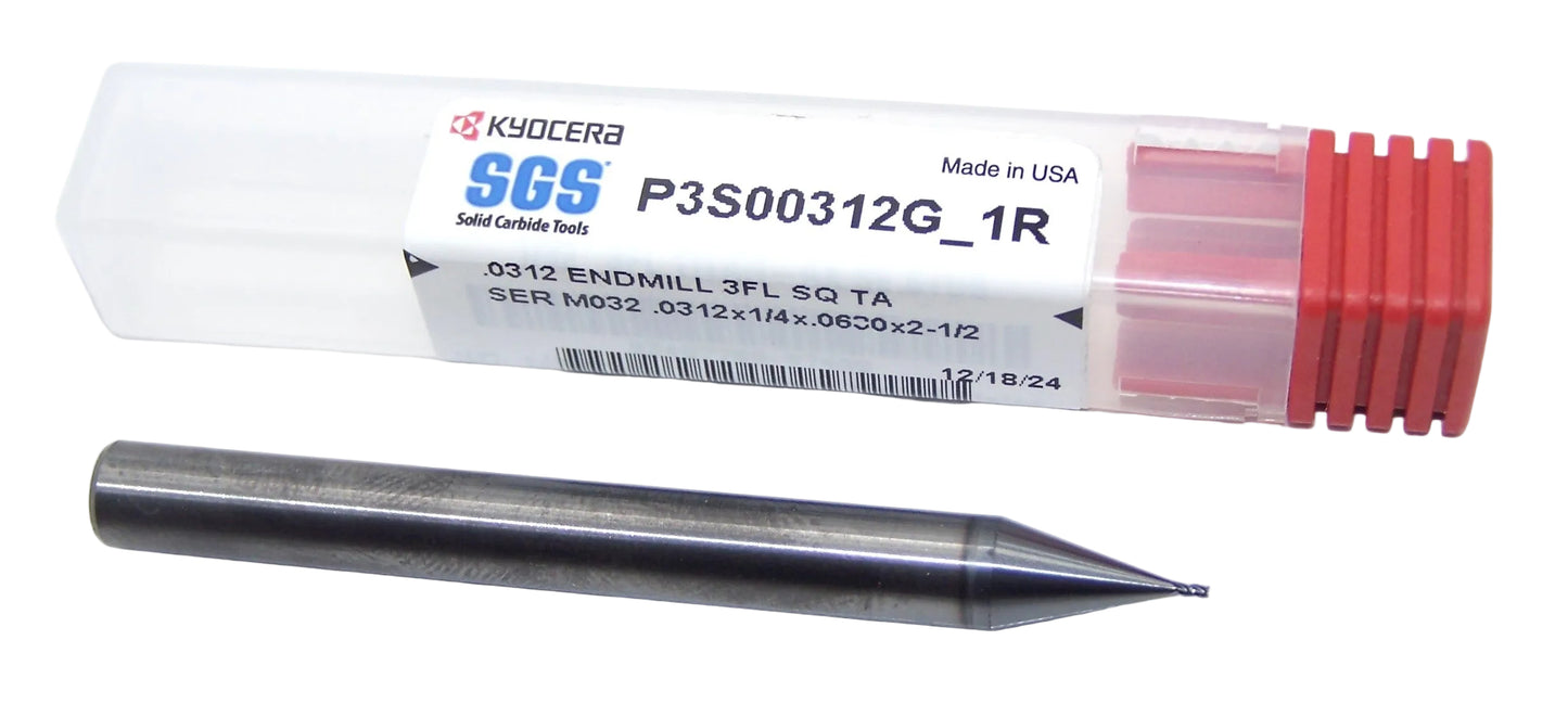 P3S00312G_1R Kyocera Microtools 1/32" Carbide 3 Flute End Mill SQ AlTiN Coated  0.0312" Diameter 0.062" Flute 2.5" Length 0.25" Shank Titan Series
