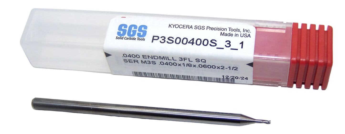 P3S00400S_3_1 Kyocera SGS 0.040" Carbide 3 Flute End Mill Square End Long Shank 0.0400" Diameter 0.060" Flute 2.50" Length .125" Shank