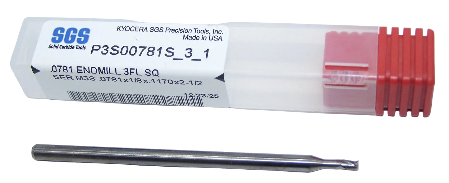 P3S00781S_3_1 Kyocera SGS 5/64" Carbide 3 Flute End Mill Square End Long Shank 0.0781" Diameter 0.117" Flute 2.50" Length .125" Shank