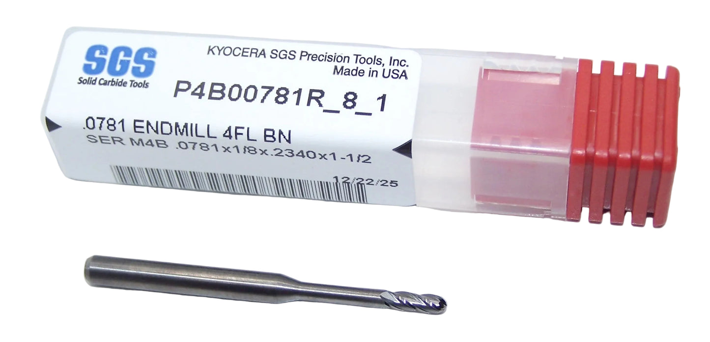 P4B00781R_8_1 Kyocera SGS 5/64" Carbide 4 Flute End Mill Ball End .575" Reach 0.0781" Diameter .234" Flute 1.50" Length .125" Shank
