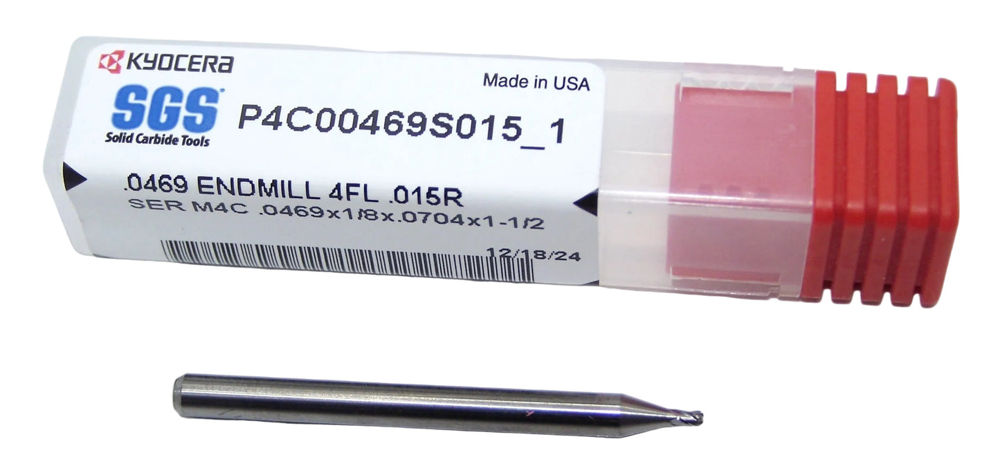 P4C00469S015_1 Kyocera SGS 3/64" Carbide 4 Flute End Mill .015" Radius End 0.0469" Diameter 0.070" Flute 1.50" Length .125" Shank