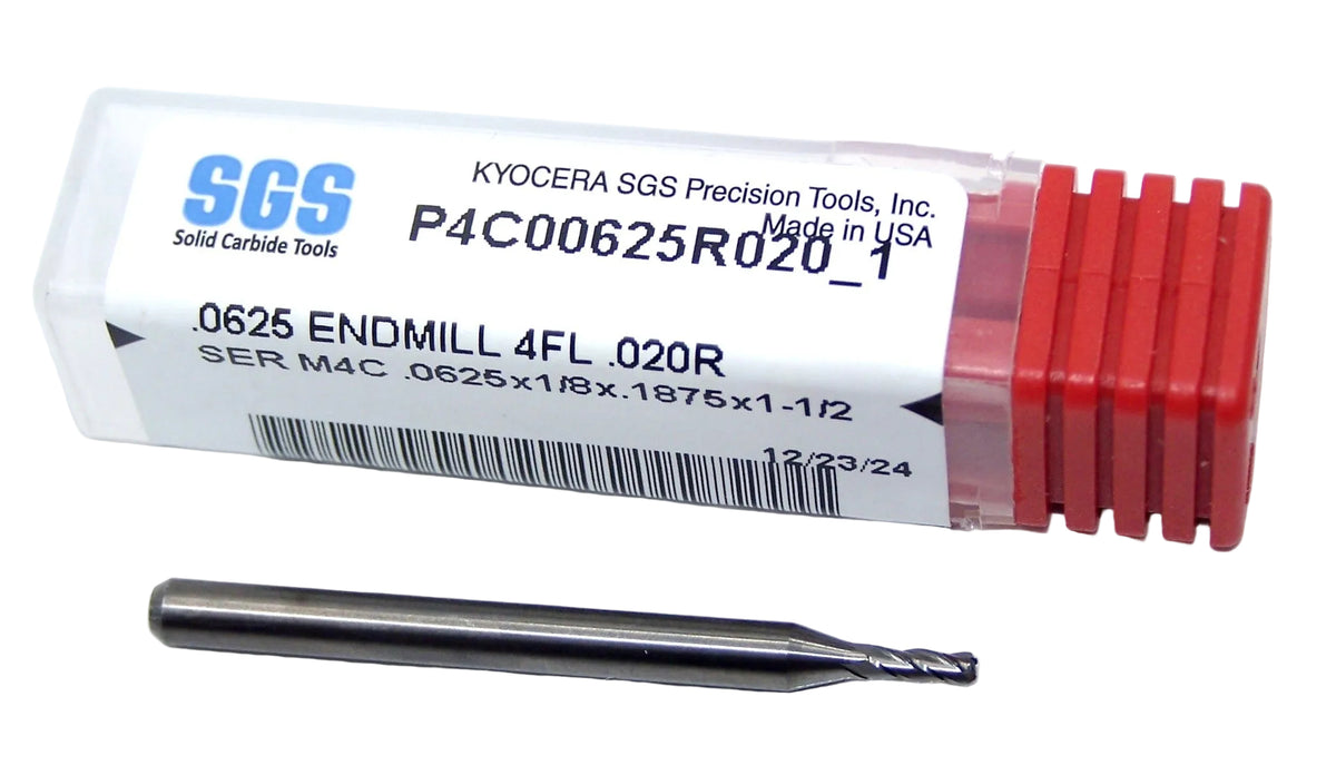 P4C00625R020_1 Kyocera SGS 1/16" Carbide 4 Flute End Mill .020" Radius End 0.0625" Diameter 0.1875" Flute 1.50" Length .125" Shank