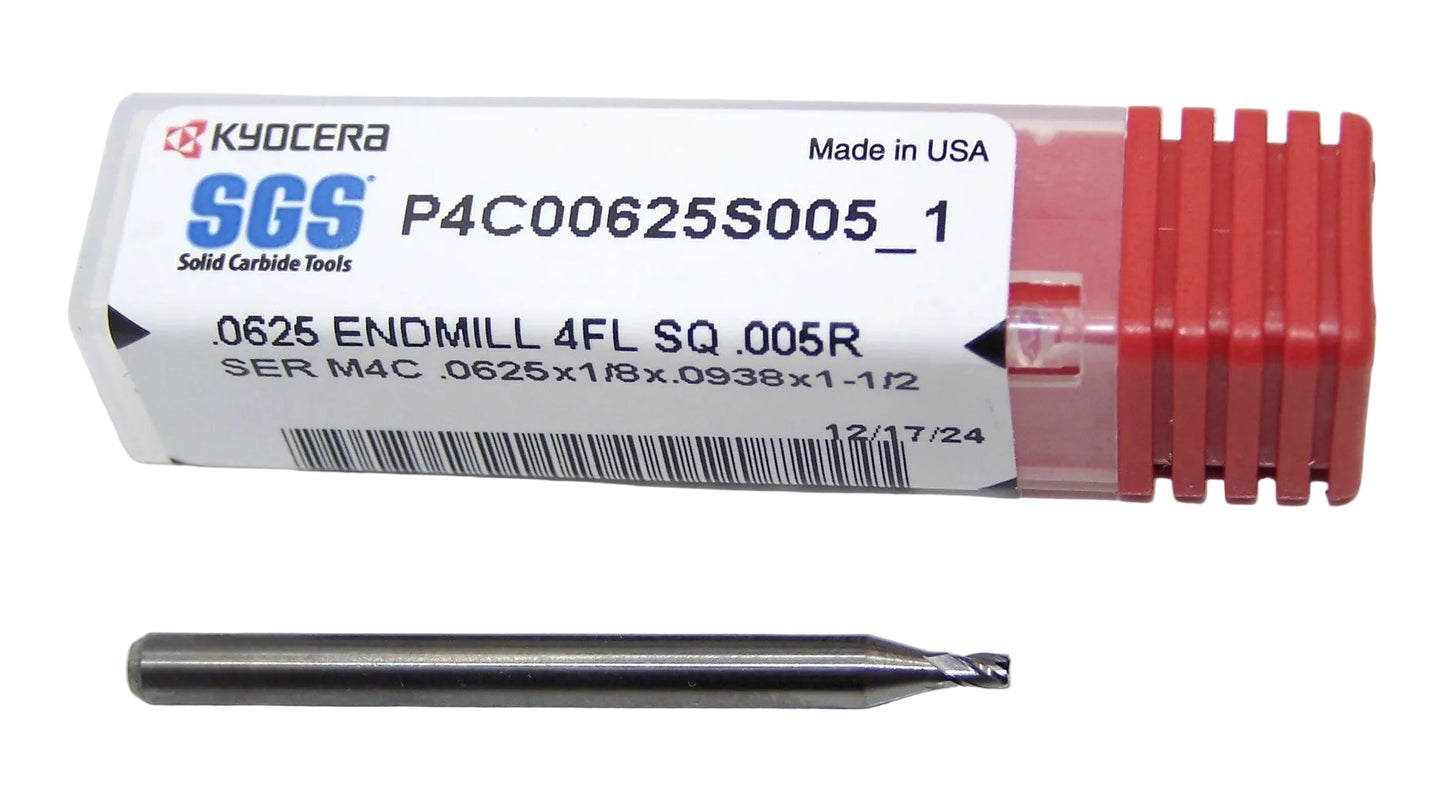 P4C00625S005_1 Kyocera SGS 1/16" Carbide 4 Flute End Mill .005" Radius End 0.0625" Diameter 0.0925" Flute 1.50" Length .125" Shank