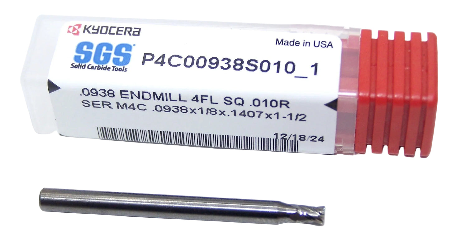 P4C00938S010_1 Kyocera SGS 3/32" Carbide 4 Flute End Mill .010" Radius End 0.0938" Diameter 0.141" Flute 1.50" Length .125" Shank
