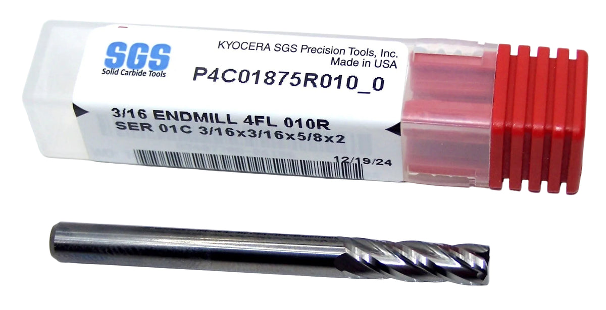 P4C01875R010_0 Kyocera SGS 3/16" Carbide 4 Flute End Mill .010" Radius End 0.1875" Diameter 0.625" Flute 2.00" Length .1875" Shank