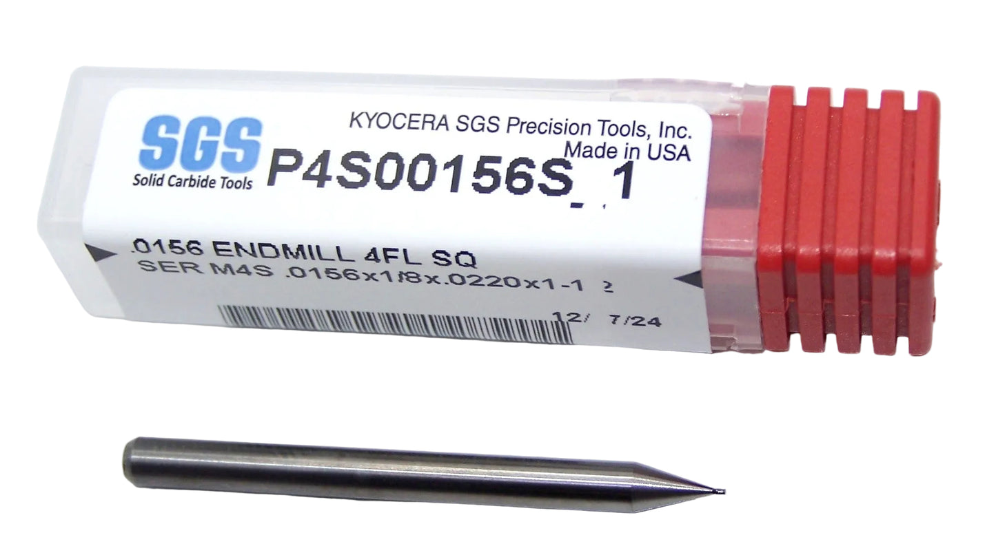 P4S00156S_1 Kyocera SGS 1/64" Carbide 4 Flute End Mill SQ End 0.0156" Diameter 0.022" Flute 1.50" Length ..125" Shank