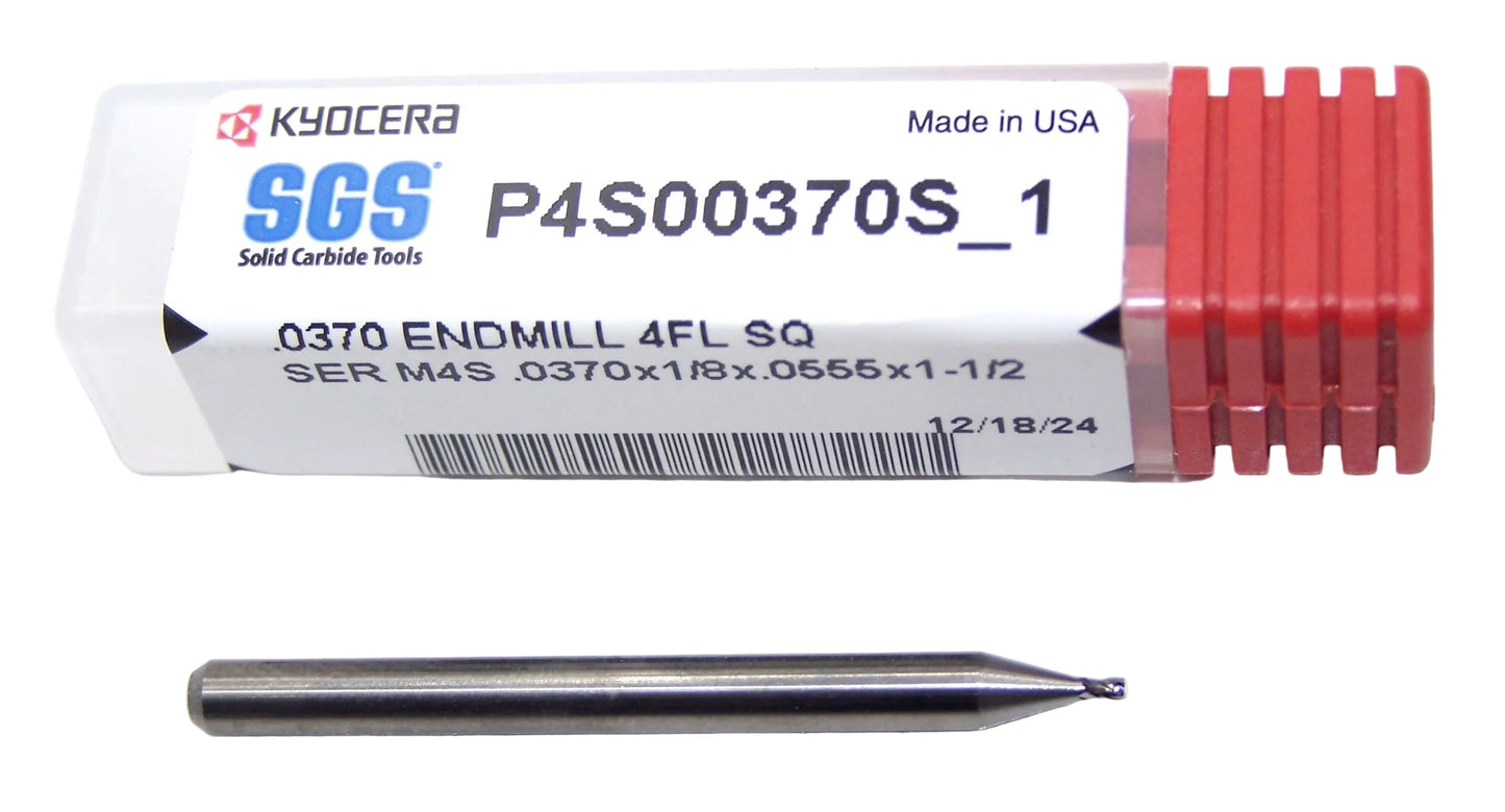 P4S00370S_1 Kyocera SGS .0370" Carbide 4 Flute End Mill SQ End 0.0370" Diameter .056" Flute 1.50" Length .125" Shank