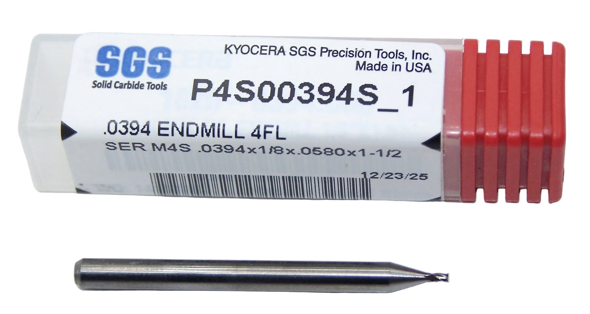 P4S00394S_1 Kyocera SGS 1.00mm Carbide 4 Flute End Mill SQ End 0.0394" Diameter .058" Flute 1.50" Length .125" Shank