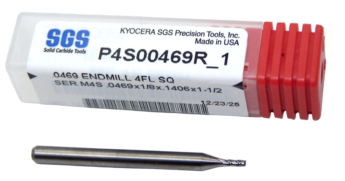 P4S00469R_1 Kyocera SGS 3/64" Carbide 4 Flute End Mill SQ End 0.0469" Diameter .1406" Flute 1.50" Length .125" Shank M4S