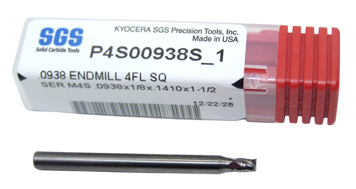 P4S00938S_1 Kyocera SGS 3/32" Carbide 4 Flute End Mill SQ End 0.0938" Diameter .141" Flute 1.50" Length .125" Shank
