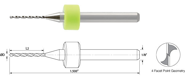 100.0995.400 Kyocera #39 Carbide 2 Flute Drill PCB Type .0995" Diameter .400" Flute 1.50" Length .125" Shank 130° Point