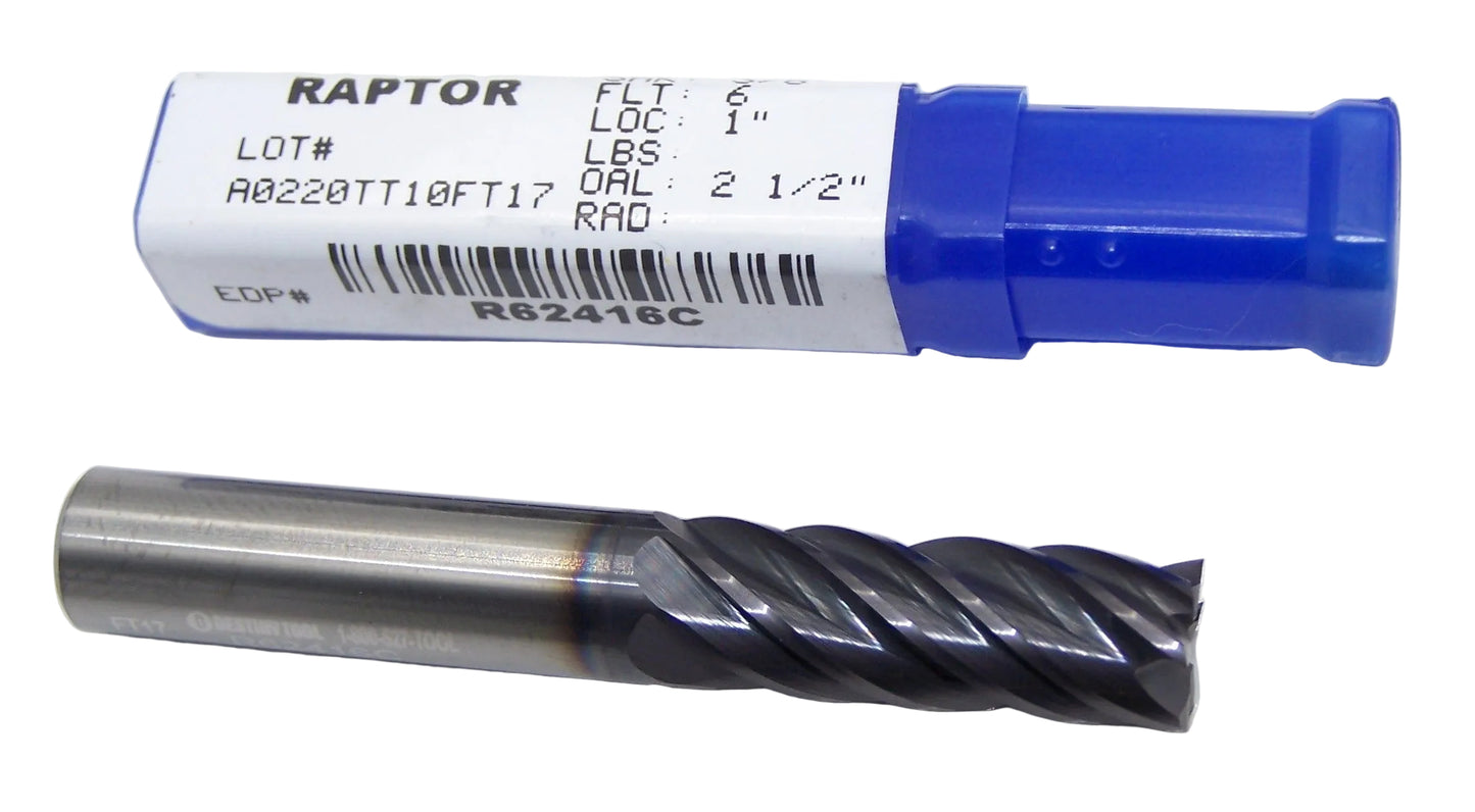 R62416C Destiny Tool 3/8" Carbide 6 Flute End Mill Square R6 Raptor TiAlN .375" Diameter 1.00" Flute 2.50" Length .375" Shank