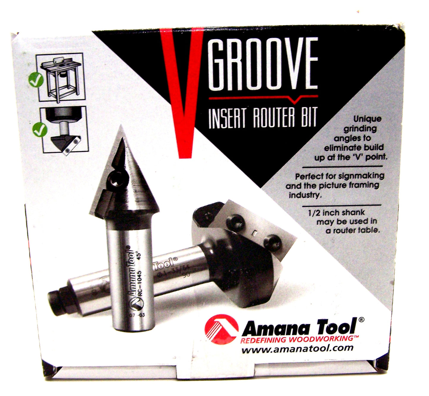 RC-1145 Amana Tool 45° V Groove Insert Router Bit .812" Diameter .984 Depth 2.312" Length .250" Shank