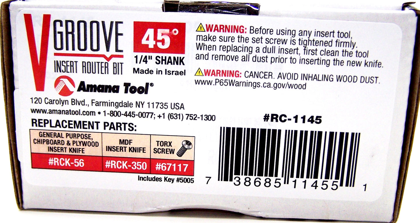 RC-1145 Amana Tool 45° V Groove Insert Router Bit .812" Diameter .984 Depth 2.312" Length .250" Shank