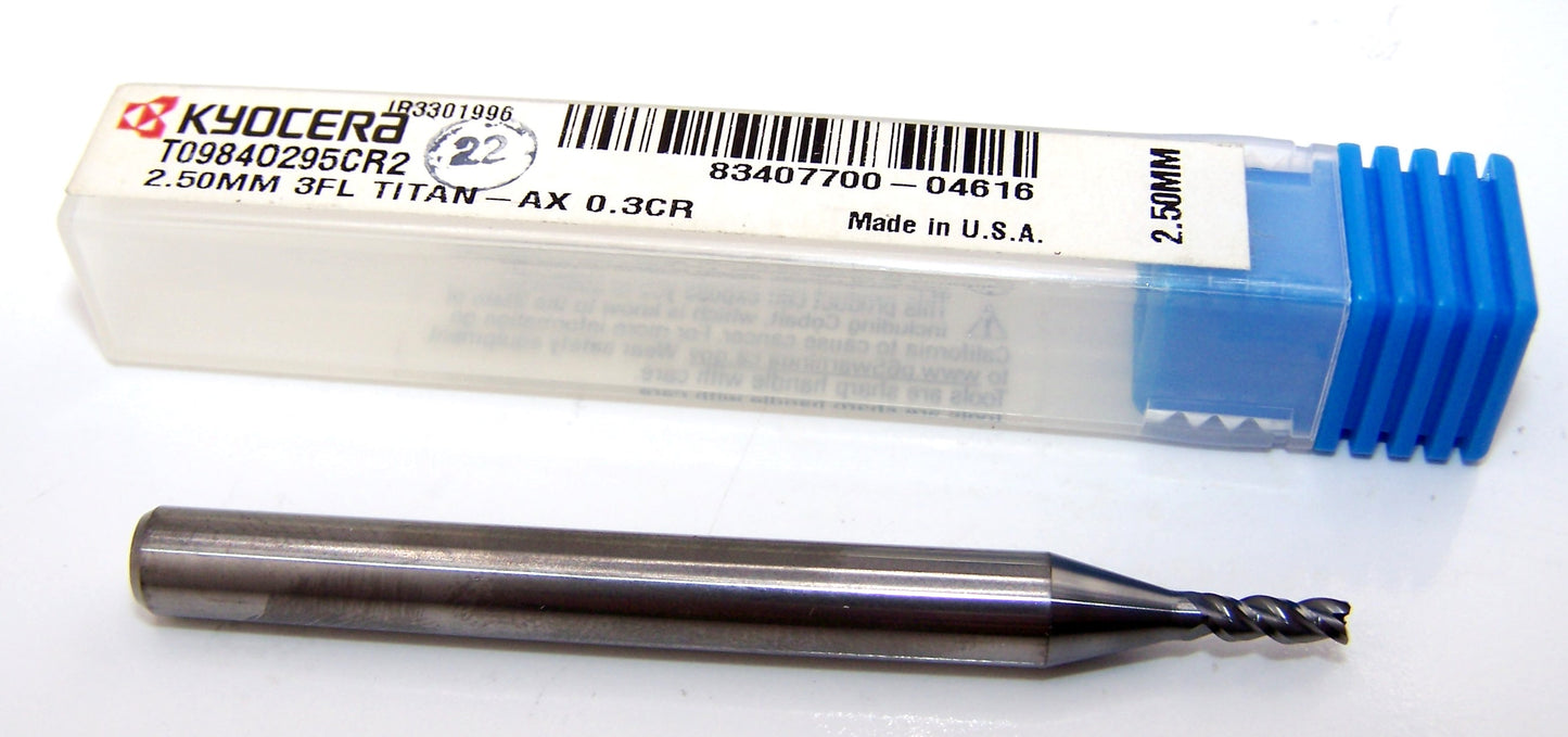 T0984O295CR2 Kyocera Microtools 2.50mm Carbide 3 Flute End Mill .0118" Radius Coated .0984" Diameter .295" Flute 2.50" Length .236"shank Titan Series