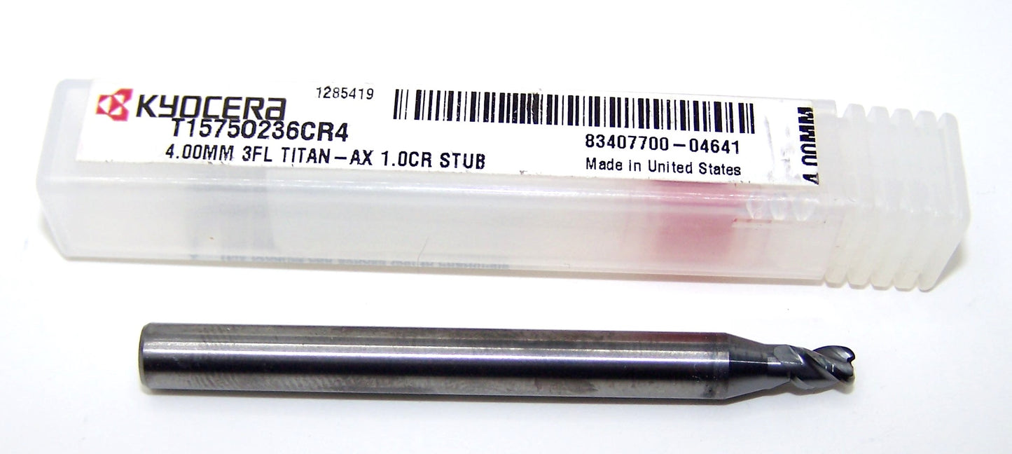 T1575O236CR4 Kyocera Microtools 4.00mm Carbide 3 Flute End Mill Stub Flute .039" Radius Coated .1575" Diameter .236" Flute 2.50" Length .236"shank Titan Series