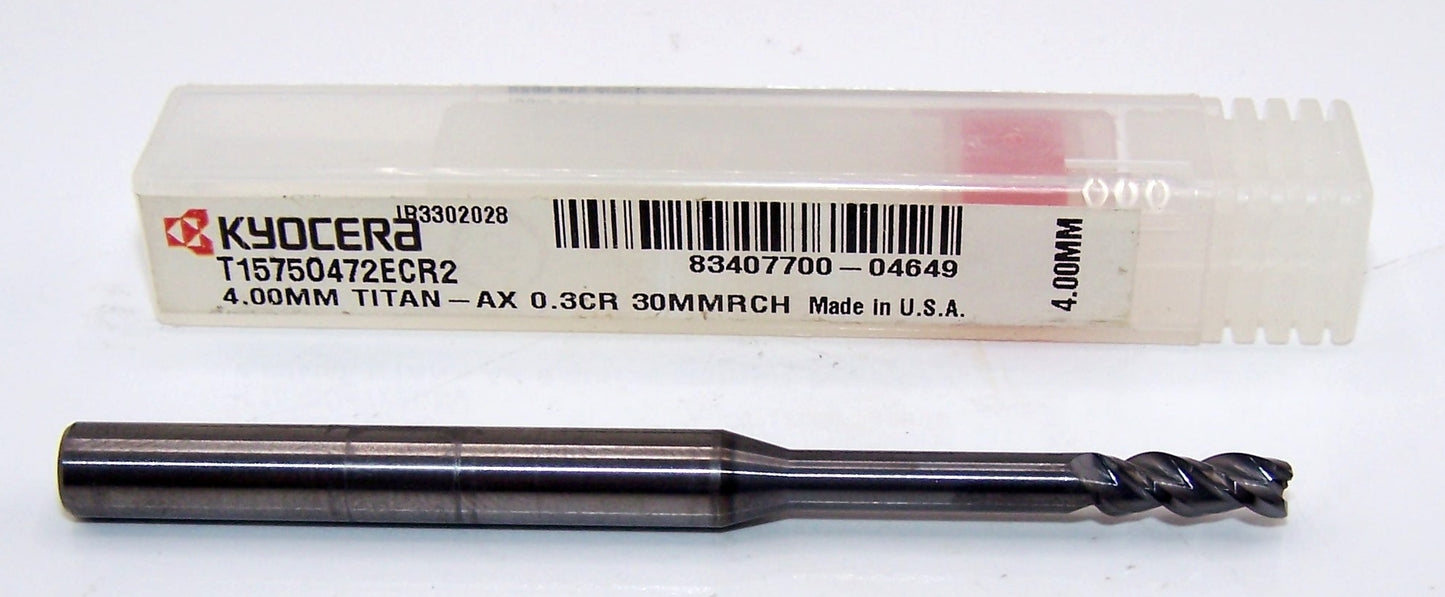 T1575O472ECR2 Kyocera Microtools 4.00mm Carbide 3 Flute End Mill .0118" Radius 1.18" Reach Coated .1575" Diameter .472" Flute 3.00" Length .236"shank Titan Series