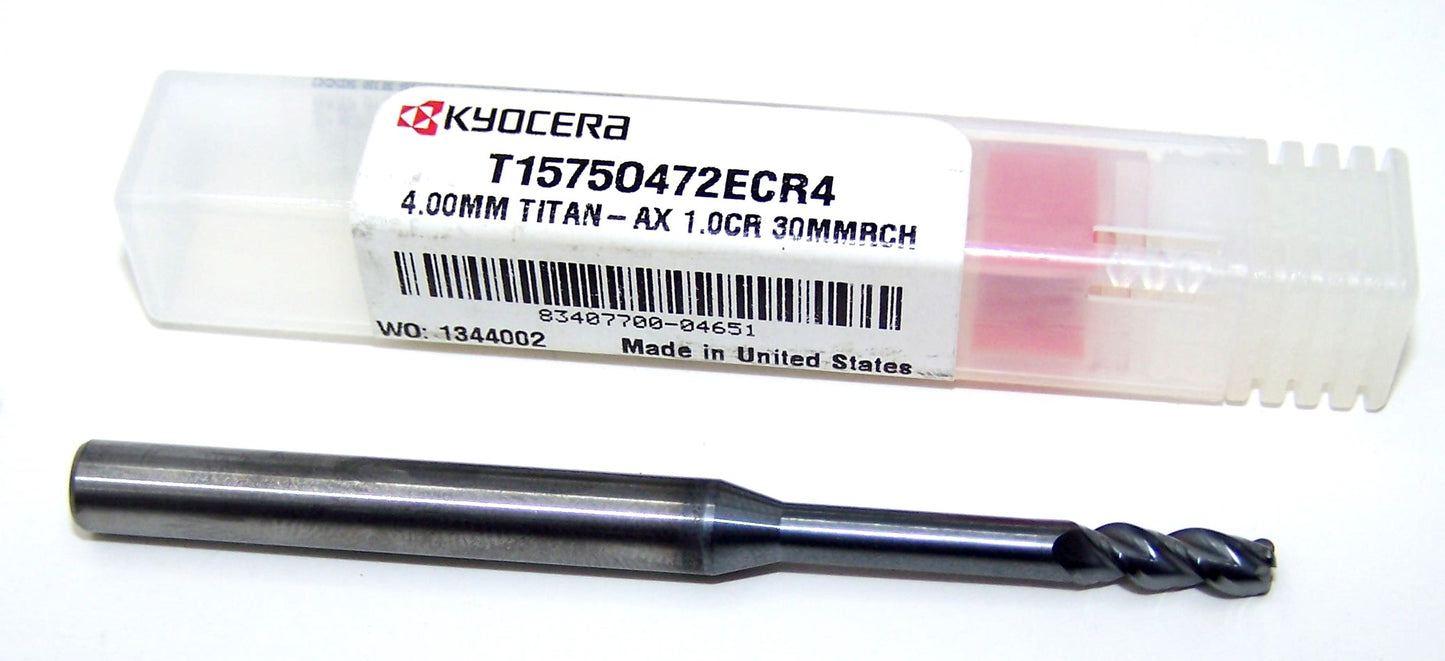 T1575O472ECR4 Kyocera Microtools 4.00mm Carbide 3 Flute End Mill Extended Reach .039" Radius Coated .1575" Diameter .236" Flute 2.50" Length .236"shank Titan Series