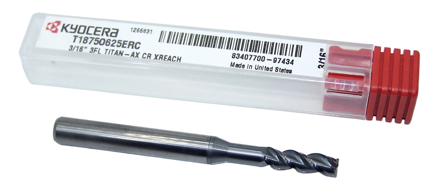 T1875O625ERC Kyocera Microtools 3/16" Carbide 3 Flute End Mill 0.015" Radius 0.938" Reach AX Coated  0.1875" Diameter 0.625" Flute 2.5" Length 0.25" Shank Titan Series