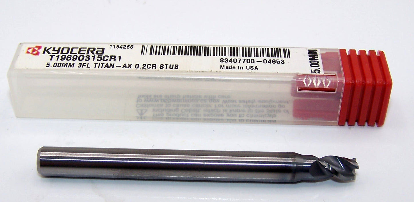 T1969O315CR1 Kyocera Microtools 5.00mm Carbide 3 Flute End Mill .008" Radius Coated .1969" Diameter .315" Flute 2.50" Length .236"shank Titan Series