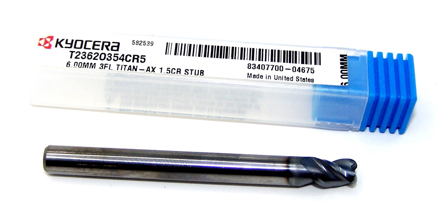 T2362O354CR5 Kyocera Microtools 6.00mm Carbide 3 Flute End Mill Stub Flute .059" Radius Coated .2362" Diameter .354" Flute 2.50" Length .236"shank Titan Series