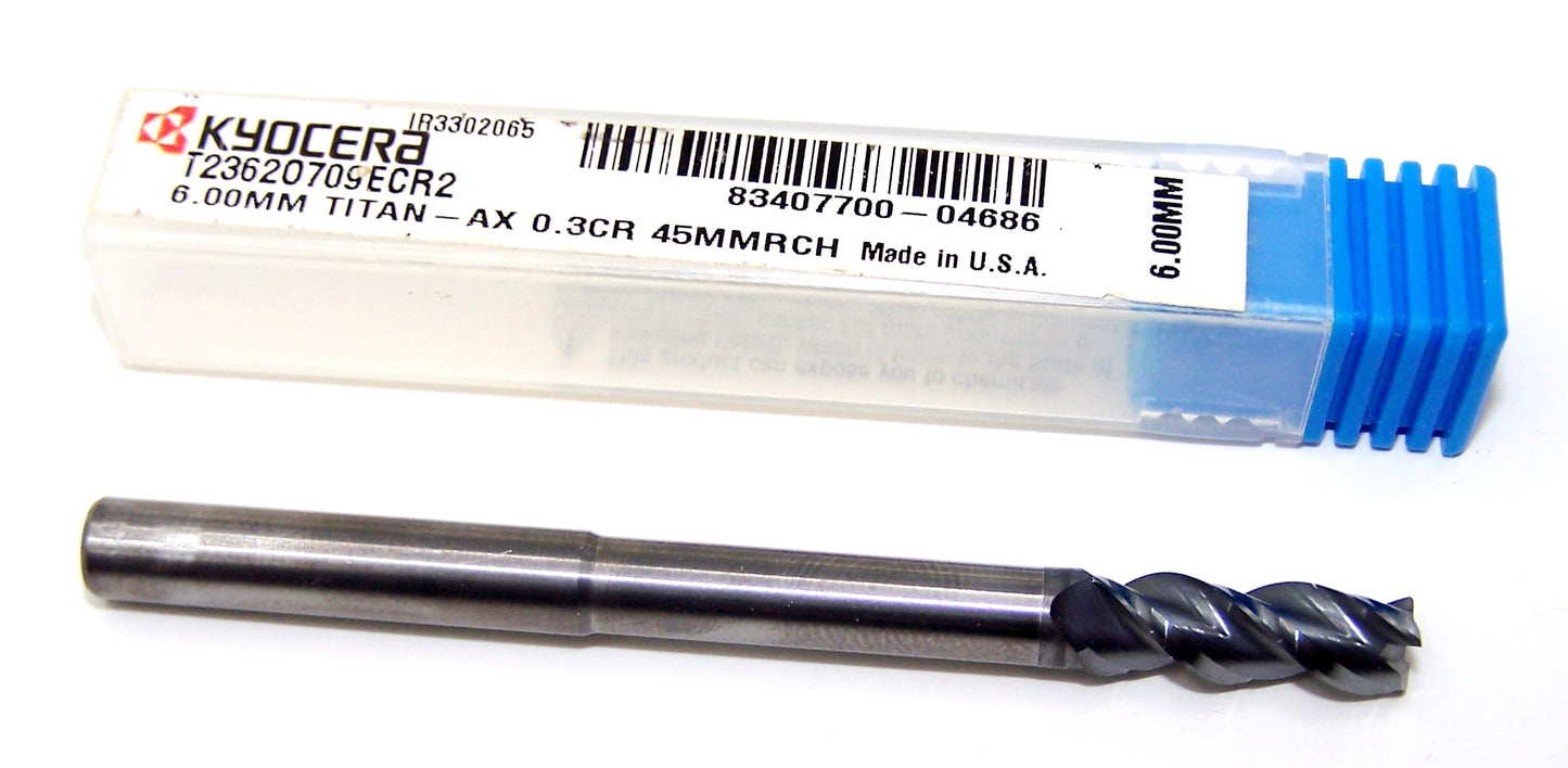 T2362O709ECR2 Kyocera Microtools 6.00mm Carbide 3 Flute End Mill .0118" Radius 1.77" Reach Coated .2362" Diameter .709" Flute 3.00" Length .236"shank Titan Series