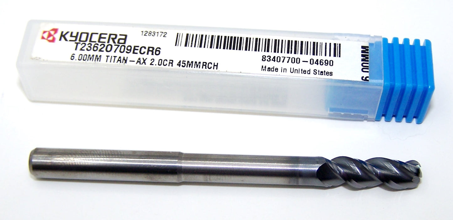 T2362O709ECR6 Kyocera Microtools 6.00mm Carbide 3 Flute End Mill .0787" Radius 1.77" Reach Coated .2362" Diameter .709" Flute 3.00" Length .236"shank Titan Series