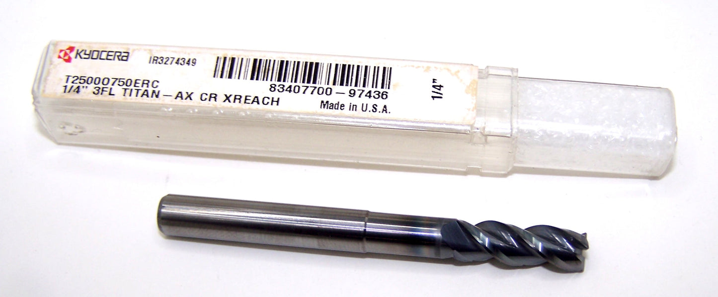 T2500O750ERC Kyocera Microtools 1/4" Carbide 3 Flute End Mill .015" Radius 1.25" Reach Coated .2500" Diameter .750" Flute 2.50" Length .250"shank Titan Series