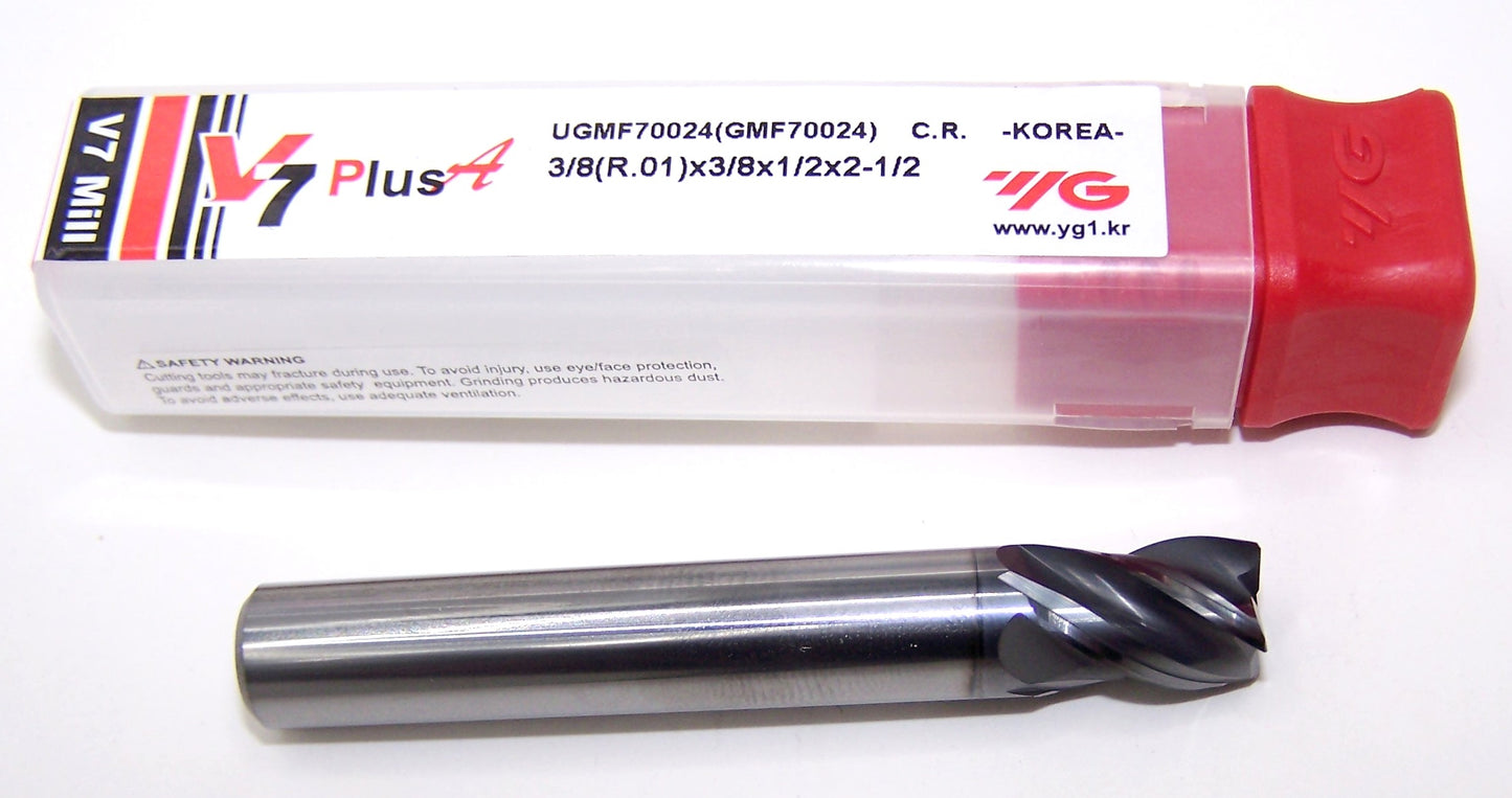 UGMF70024 YG1 3/8" Carbide 4 Flute End Mill .010" Radius Y Coating SQ .3750" Diameter 0.500" Flute 2.50" Length .375" Shank V7PLUSA