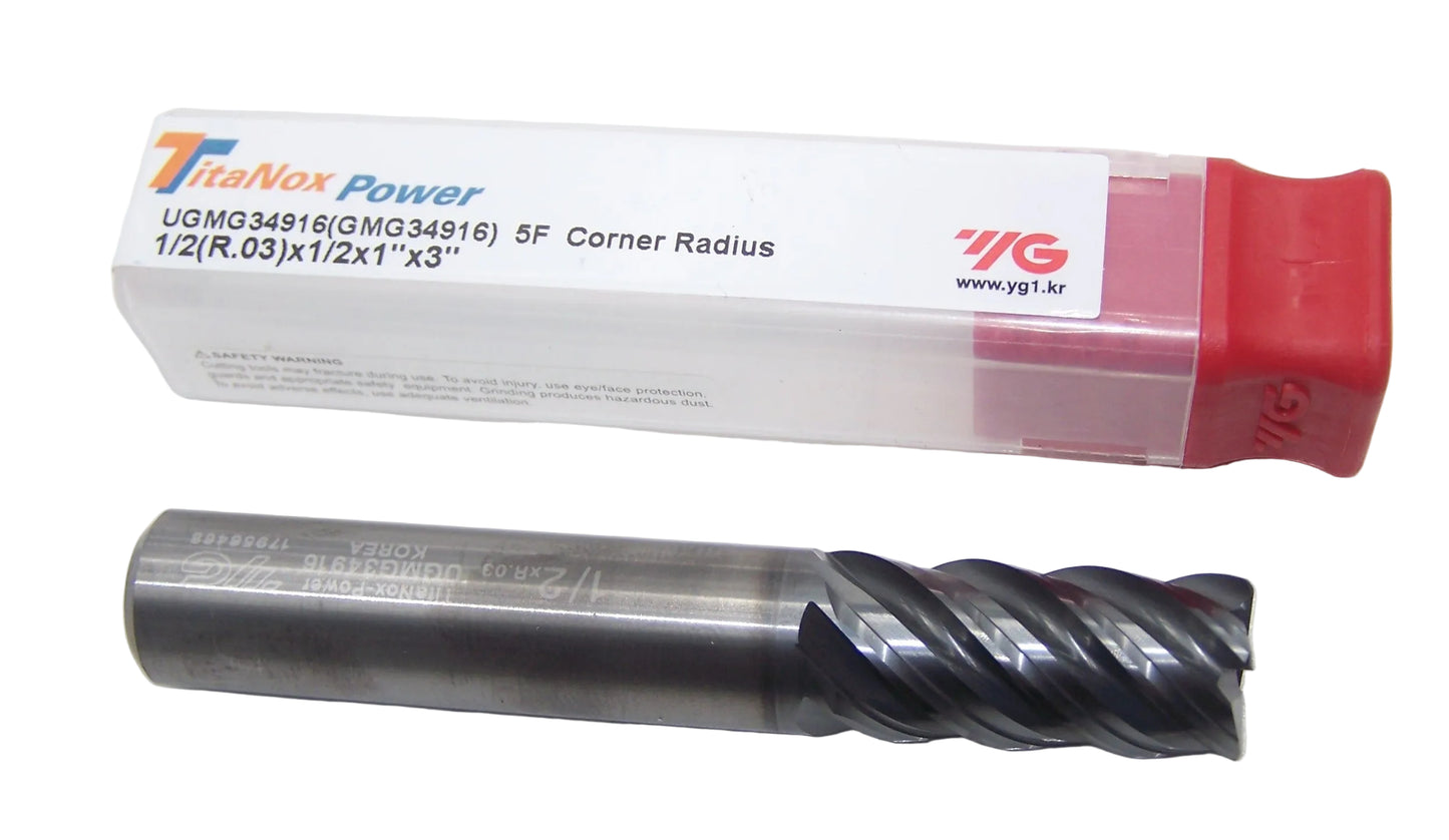 UGMG34916 YG1 1/2" Carbide 5 Flute End Mill Y Coating .030" Radius .5000" Diameter 1.00" Flute 3.00" Length .500" Shank TitaNox-Power