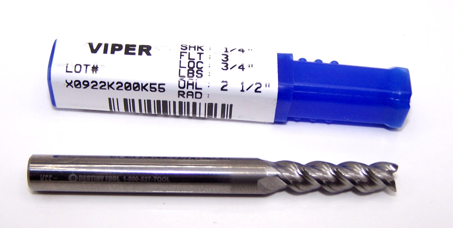 V31412 Destiny Tool 7/32" Carbide 3 Flute End Mill Viper SQ for Aluminum .2188" Diameter .750" Flute 2.50" OAL .250" Shank