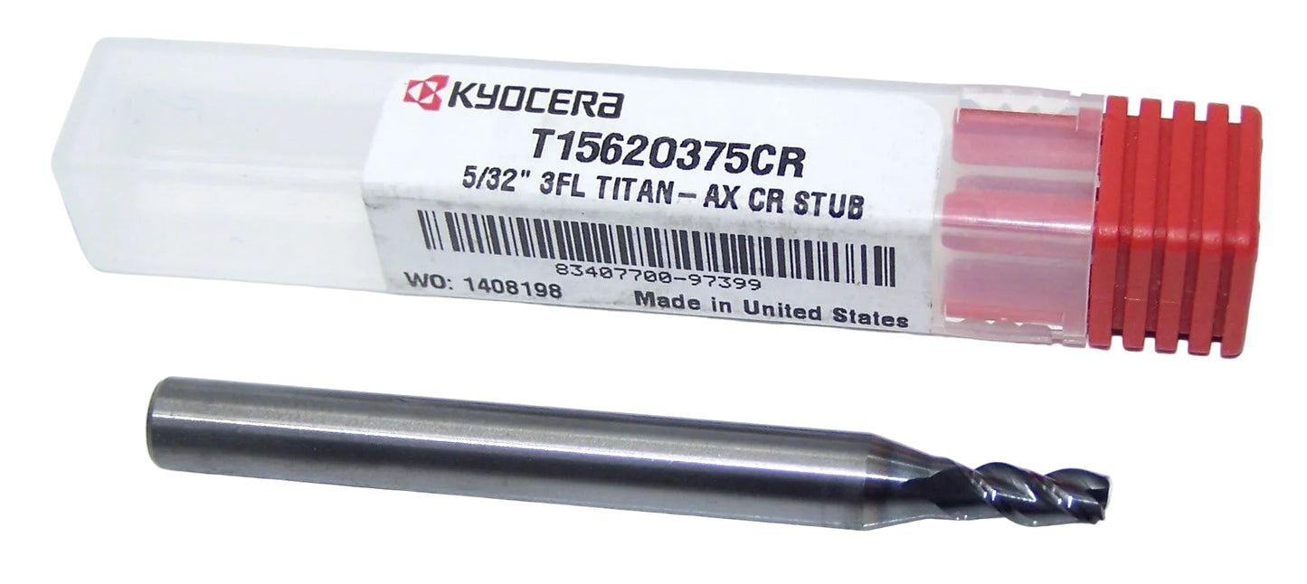 T1562O375CR Kyocera Microtools 5/32" Carbide 3 Flute End Mill 0.015" Radius AX Coated  0.1562" Diameter 0.375" Flute 2.5" Length 0.25" Shank Titan Series